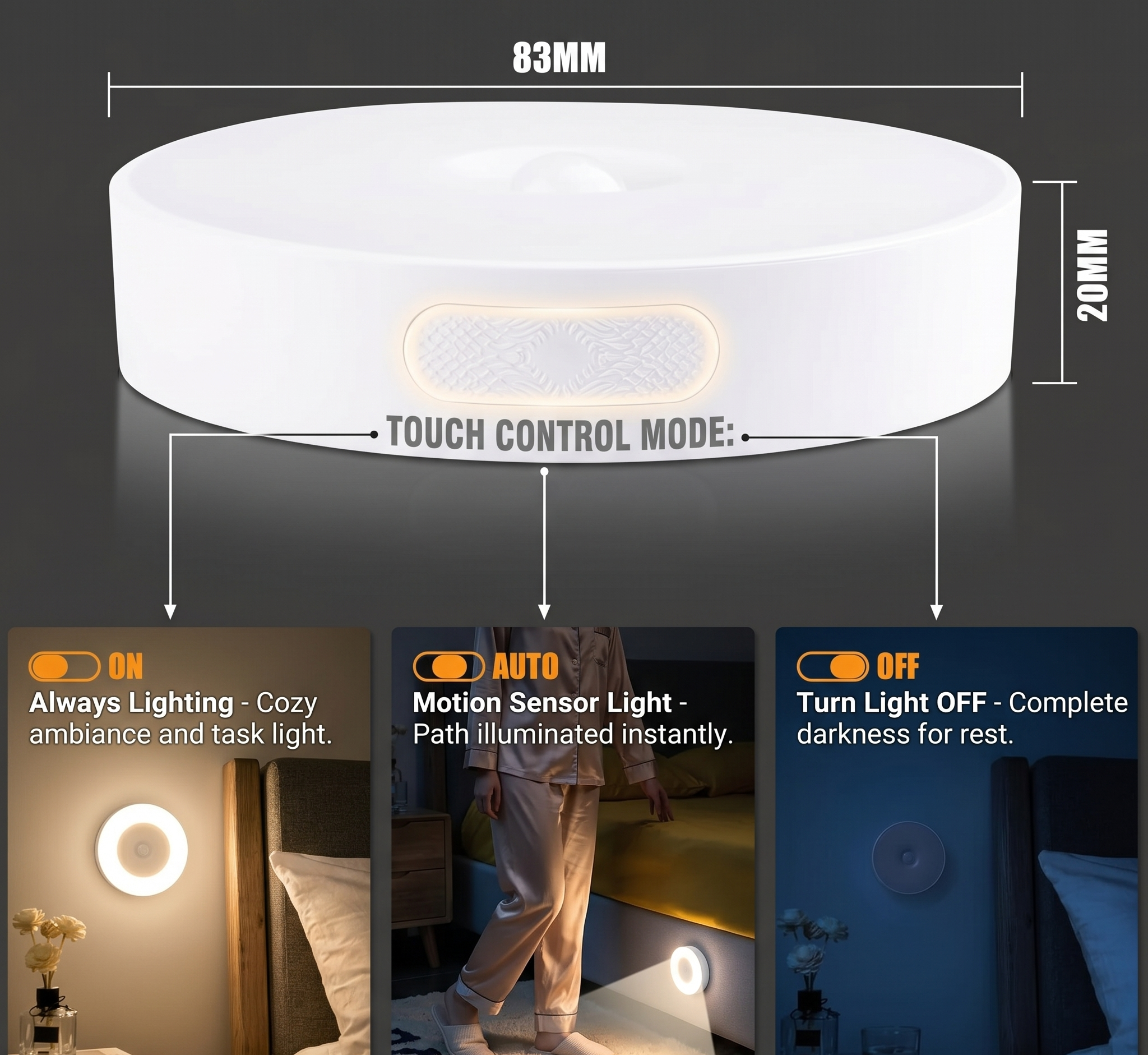 rechargeable motion sensor light for bedroom and stairs