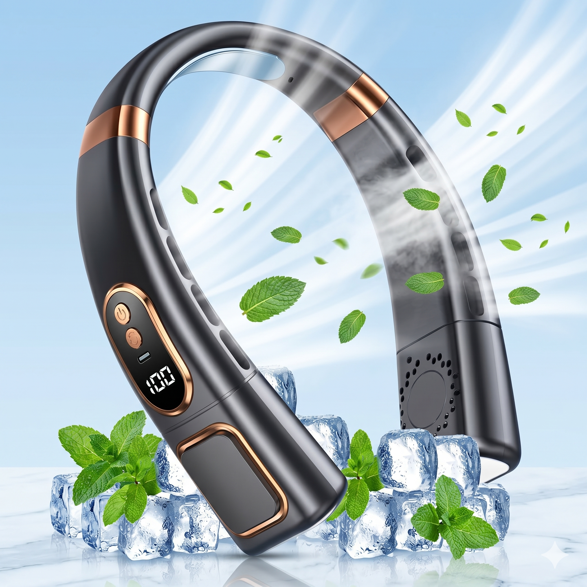 rechargeable neck fan with LED light hands free