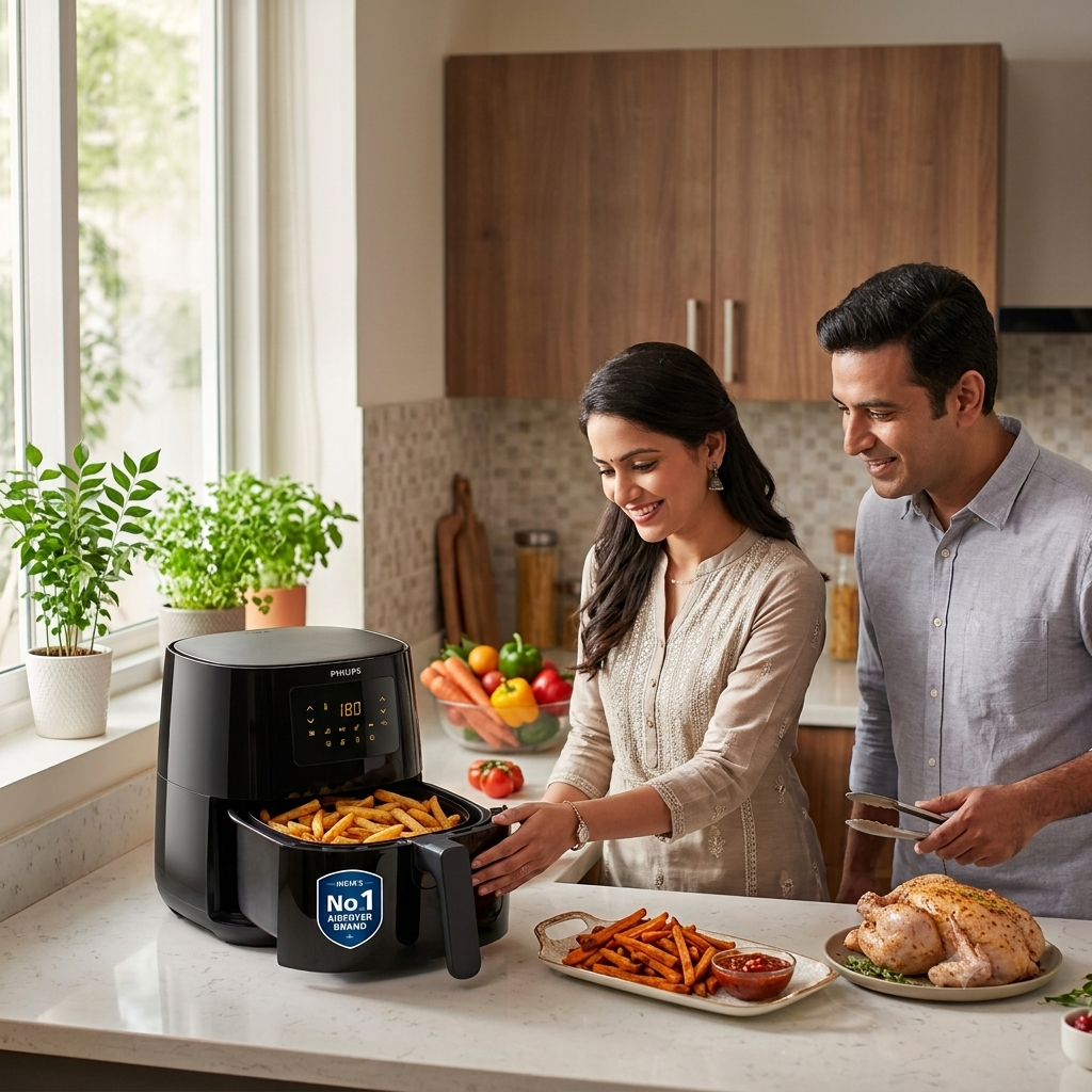 Best air fryer in India placed on a modern kitchen countertop with healthy homemade food.