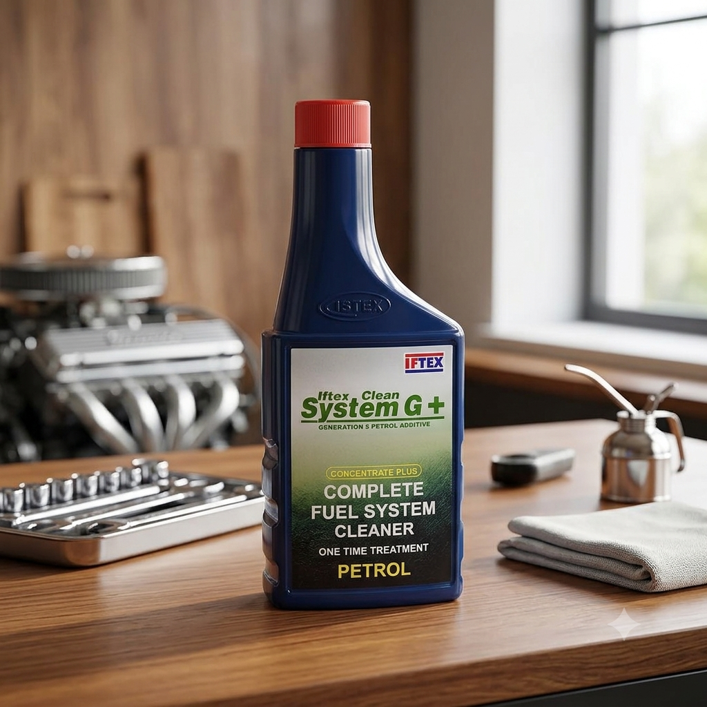 IFTEX Clean System G petrol fuel treatment bottle for cleaning fuel injectors and supporting E20 petrol-compatible car engines.
