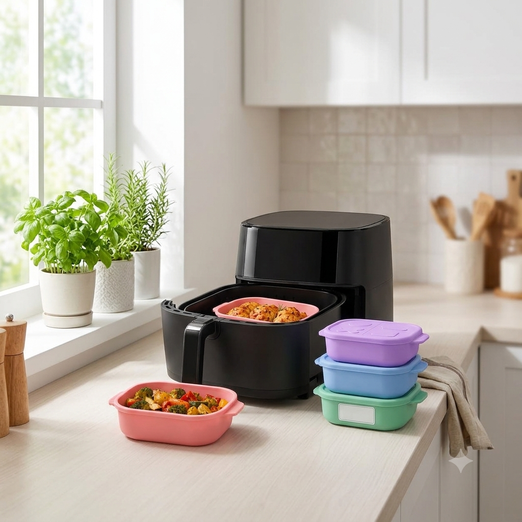Stackable airtight food storage containers for storing air fryer meals and leftovers.