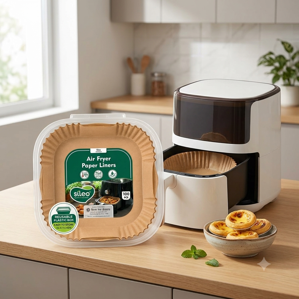 Disposable parchment paper liners for air fryer basket to reduce oil residue and make cleaning easier.