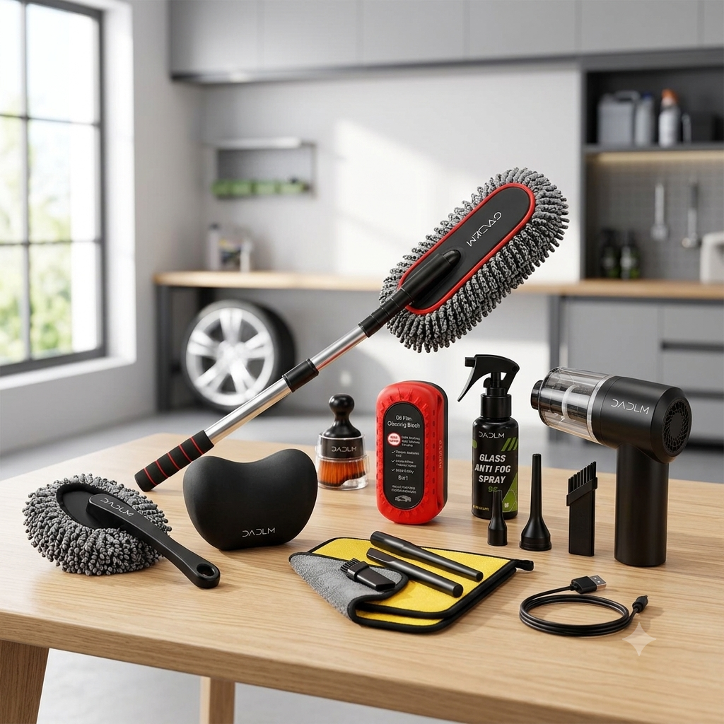 Soft detailing brushes for cleaning car dashboard, AC vents, buttons, and interior surfaces.